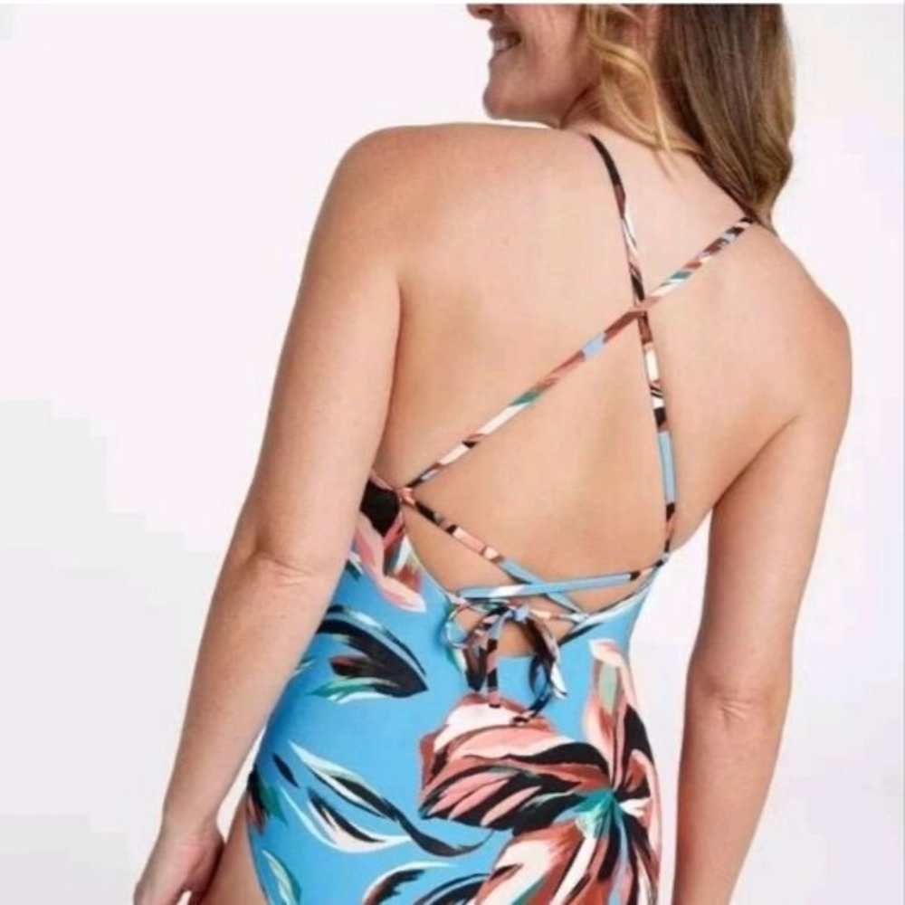Calia Womens Tranquil Blue Floral Strappy Back One Piece Swimsuit Size 14 - Picture 6 of 9
